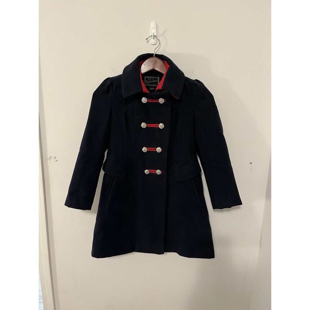 Rothschild Girls 7 Navy Blue Bandmaster Military Dress Coat Red Trim Buttons